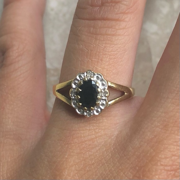 Oval Sapphire Diamond Floral Halo Two Tone White Yellow...
